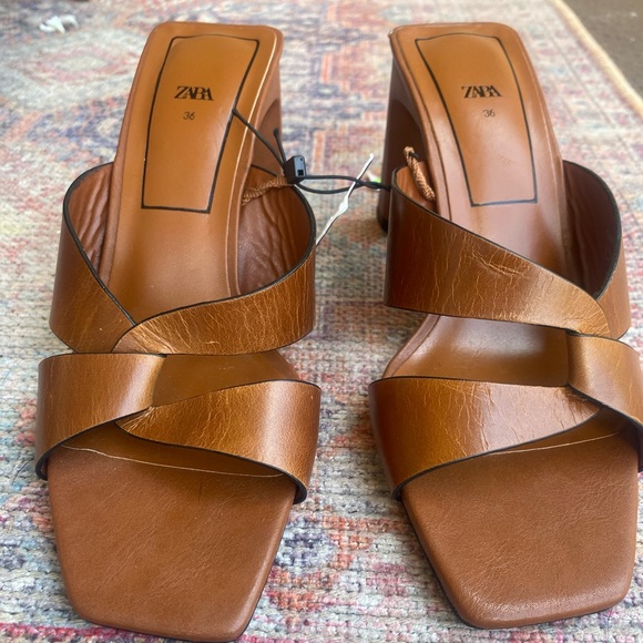 NWT ZARA block heel sleep on shoes in gorgeous cognac color - size 36 / 5.5 US - Picture 1 of 5